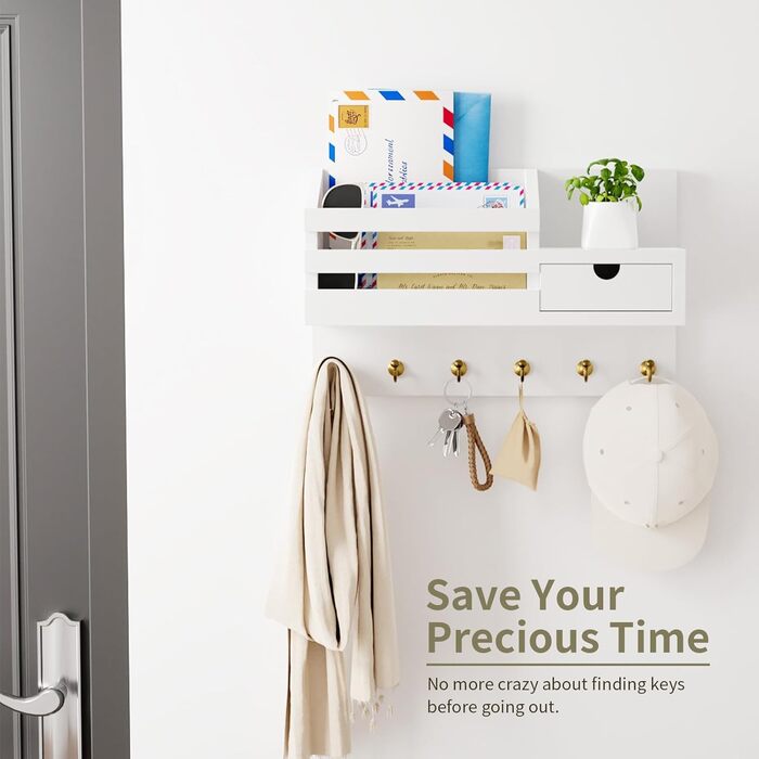 Настінна органайзер для ключів з 6 гачками та шухлядою, дерев'яна полиця для ключів, настінний тримач для ключів, для прихожей, вітальні, офісу (білий)