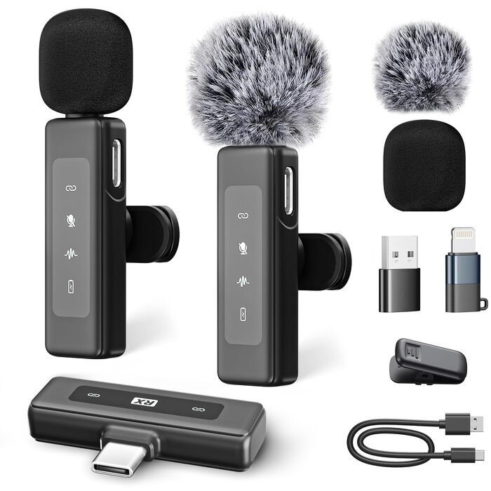 Бездротовий петличний мікрофон для iPhone/Android/iPad/комп'ютера, з шумозаглушенням, для запису відео, інтерв'ю, YouTube, Vlog, чорний