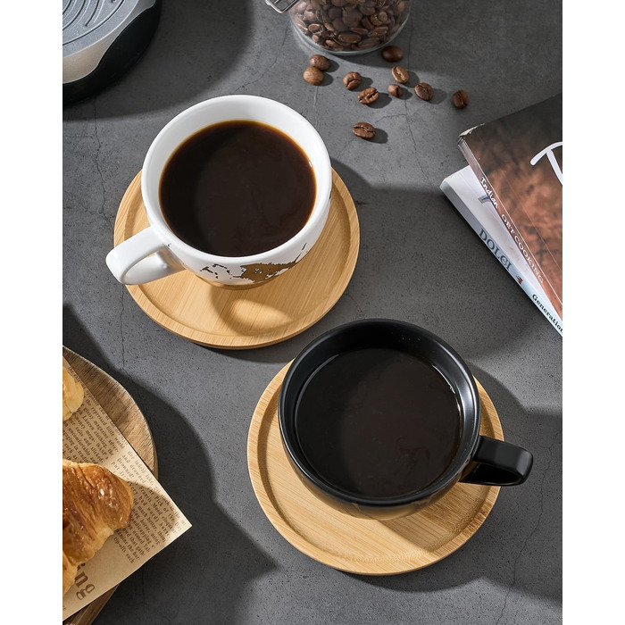 Набір кавових чашок капучіно Home Decor, 4 шт., 220 мл, з металевим підставкою, чорний та білий