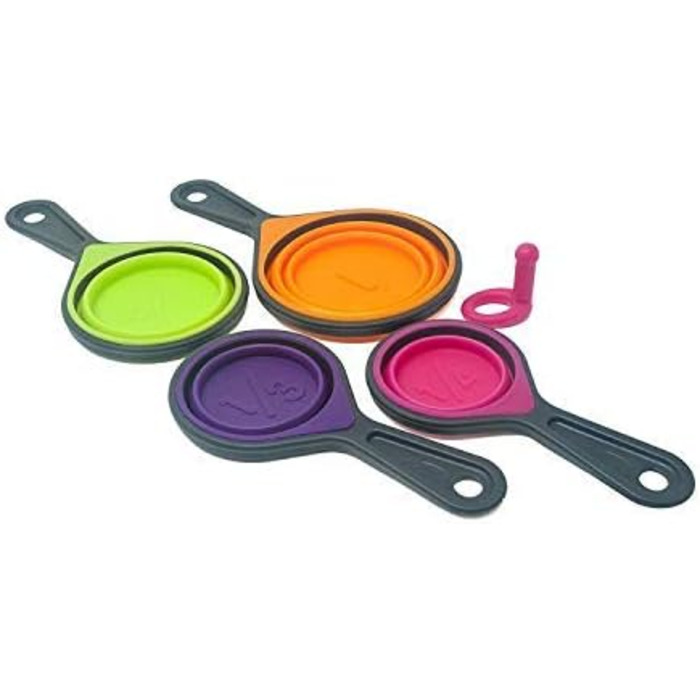Collapsible measuring cups and nesting spoons, adjustable silicone for cooking, used for liquid and dry kitchen items, portable portion control, dog food, children, travel, campers, space-saving.
