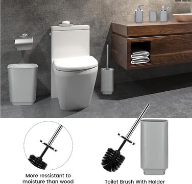 Сучасний набір для ванної кімнати на 6 предметів: мильниця, тримач для зубних щіток, дозатор мила, сміттєвий бак, стаканчик та WC-щітка з пластику та металу (сірий)