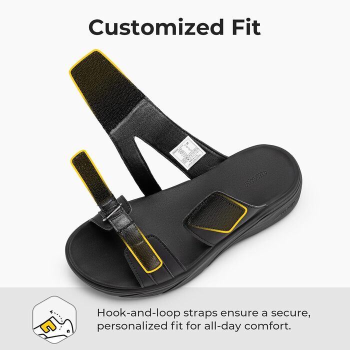 FitVille Сандалі жіночі літні широкі чорні на платформі з липучкою та підтримкою склепіння стопи, розмір 39 EU (35.5-42.5)