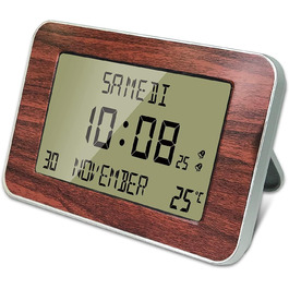 FISHTEC Radio Clock Alarm Clock with Calendar – Large Display, Date, Day, Time, Temperature, 2 Alarms, Wall Mounting or Stand – Wood-Look Finish, 24 x 14 cm