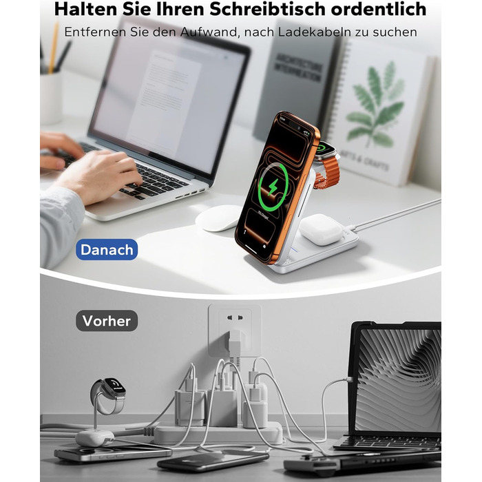 Зарядна станція 3-в-1 KPON для Apple Watch та iPhone з MagSafe, 20W, біла - Швидка зарядка для iPhone 17-12, Apple Watch 11-2, AirPods, портативна для подорожей та офісу