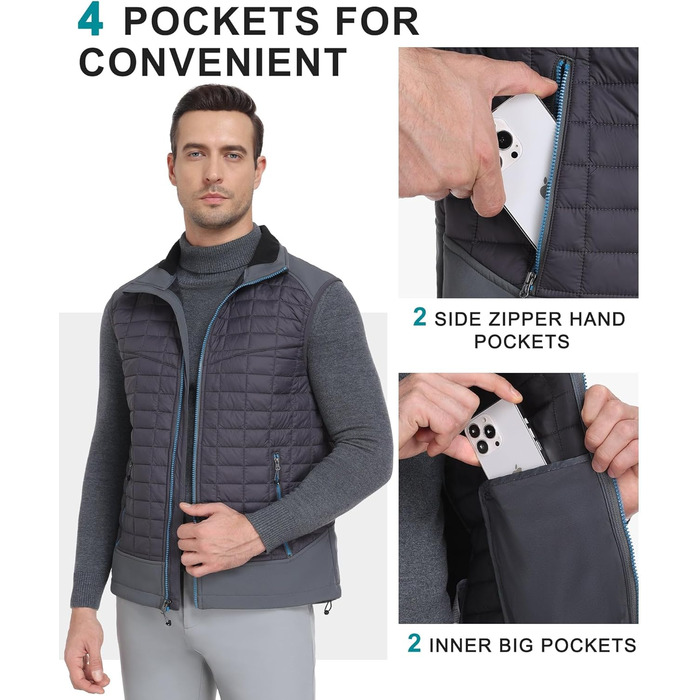 Little Donkey Andy Легка пухова жилетка для чоловіків, тепла безрукавка, outdoor куртка для піших прогулянок, подорожей, бігу, XXL, темно-сірий