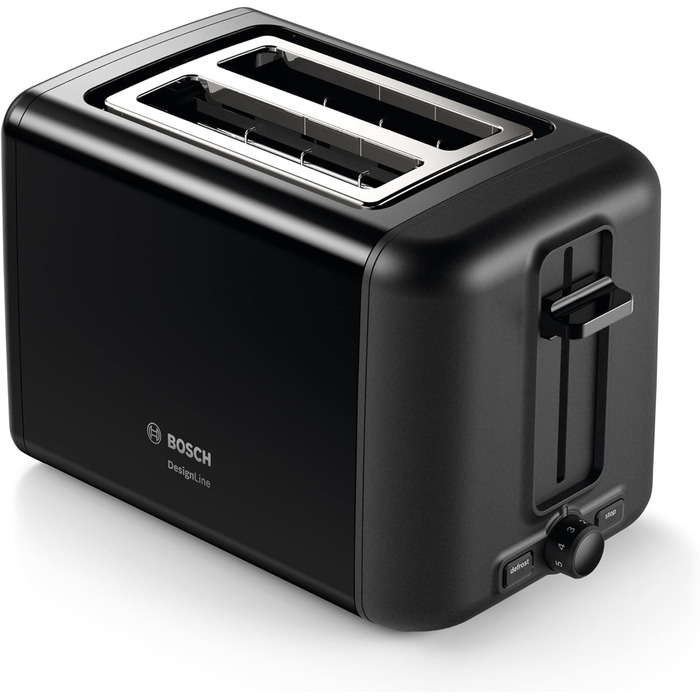 Bosch Compact Toaster DesignLine TAT3P423DE, Integrated Stainless Steel Bread Roll Attachment, With Automatic Shut-off, With Defrost Function, Perfect for 2 Slices of Toast, Lift Function, Wide, 970 W, Black Polished/Black Front Painted Single
