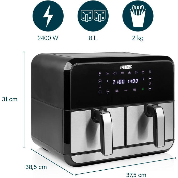 Princess Double Chamber Air Fryer with 2x4L Capacity – 62.2% Less Energy Consumption – Separate Temperatures for 2 Compartments – 8 Programs – 182074, 1700 Watts, 38.4 x 37.4 x 30.8 cm 2x4L Double Chamber Air Fryer Silver