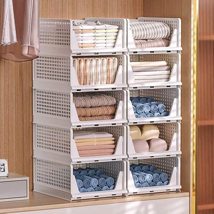 5 Foldable Plastic Storage Boxes, Drawer Box, Stackable Closet Organizer, Shelf Storage Box, Shelf Baskets Closet, Stackable Drawer Storage Boxes, for Kitchen Bedroom, White (8 Pieces L)