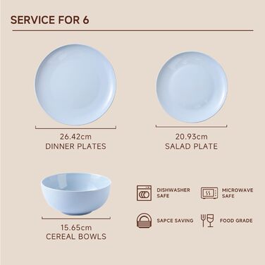 Набір посуду HIKAA на 6 осіб, 18-ти предметний сервіз з кісткового фарфору, комплект тарілок, безпечний для мікрохвильової печі та посудомийної машини, сервіз для дому, весілля, легкий та довговічний (блакитний)