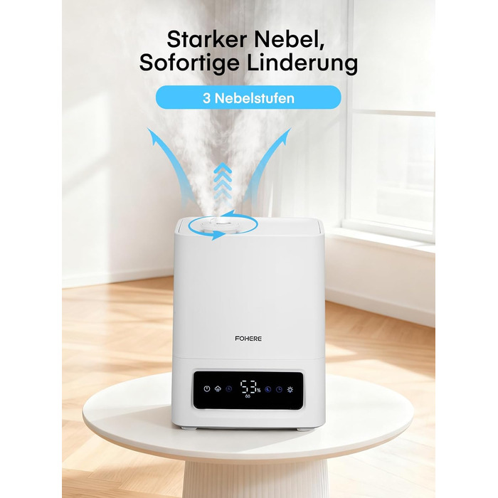 Зволожувач повітря FOHERE 6L для великих приміщень, 60 годин холодного туману, тихий зволожувач для дитячої кімнати, спальні, рослин, 28dB, точний датчик вологості, 16 годин таймер, аромадифузор, білий