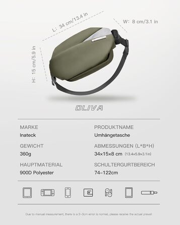 Сумка на плече Inateck, оливковий колір, водонепроникна, для чоловіків та жінок