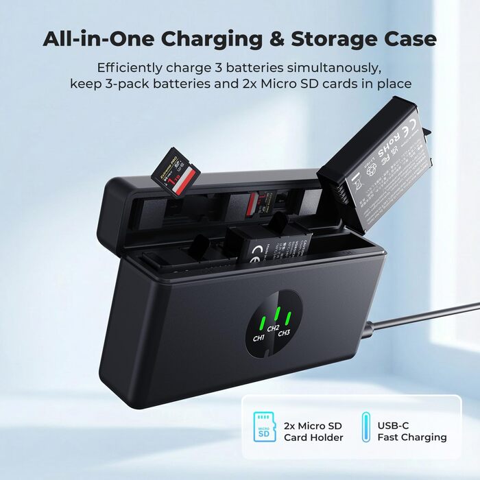 Набір акумуляторів K&F CONCEPT Osmo Action 5 Pro (3 шт.) з тризарядним пристроєм, 2100 mAh, сумісний з DJI Osmo Action 5 Pro, 360, 6, 4, 3