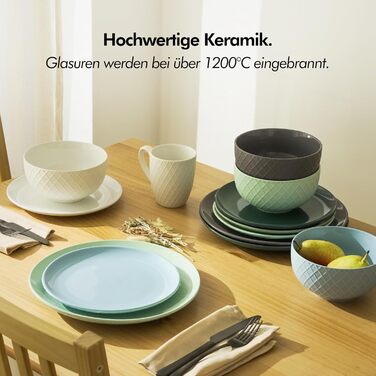 KIVY Dinnerware Set for 6 People [Scratch & Dishwasher Safe] 6x27cm + 6x22cm - Plate Set 12-Piece Modern - Dinnerware Set - Combination Service - Green Dinnerware Set - Dinner Plates - Dessert Plates - Dinnerware