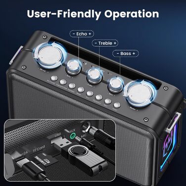 Караоке-система HWWR MS81 з 2 мікрофонами Bluetooth 5.3, підтримка USB/TF-карти/AUX, функція запису, для дому та вечірок, чорний колір