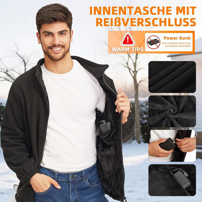 Обогревна куртка TOUVE з 5 зонами підігріву, регулюванням температури, Polar Fleece, для жінок та чоловіків, чорний (2025)