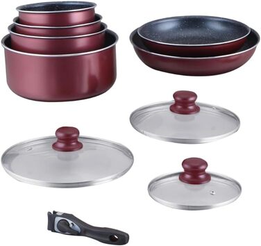 HAGEN, Stone-coated cookware, Removable handle, 10 pieces, Bordeaux, Non-stick coating, Suitable for all burners, including induction, HA04647 Bordeaux red - 10 pieces