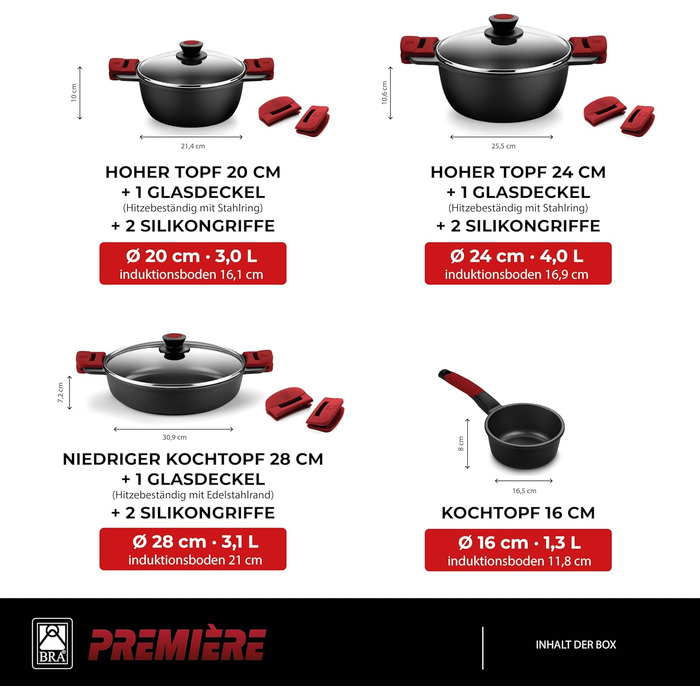 Набір посуду BRA Premiere 9-ти частинний з антипригарним покриттям, з алюмінію, знімні ручки, PFOA-free, для всіх типів плит та духовок