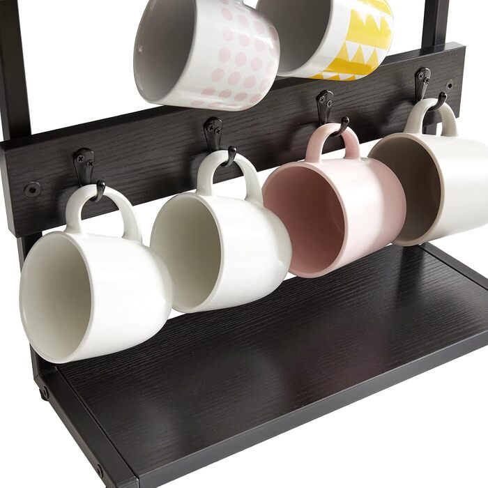Vintage Mug Holder with 8 Hooks, Coffee Cup Holder for Kitchen Countertop, Cup Rack with Storage Base, for Kitchen Dining Room Cafe 40 x 15 x 40 cm, TBJ002H (with Shelf, Black)