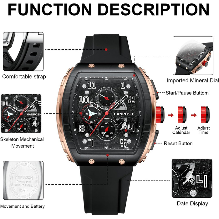 HANPOSH Чоловічий годинник: аналоговий кварцовий годинник, водостійкий спортивний годинник, тактичний годинник (чорний, золотий)