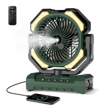 Вентилятор портативний Ateroll 20000 mAh з розпилювачем, USB, пульт, LED, гачок для підвішування - для кемпінгу, дому, тераси, подорожей (Зелений)