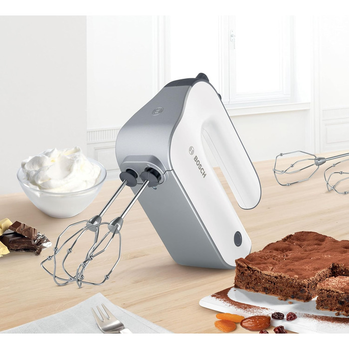 Bosch Hand Mixer Styline MFQ4835DE, 2x whisks, 2 stainless steel dough hooks, dishwasher-safe, 575 W, white