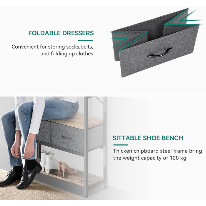 YITAHOME Entryway Storage Bench with Shoe Cabinet, Freestanding Mudroom Bench with Bank and 2 Folding Drawers, Industrial Coat Rack with 8 Hooks for Entryway Living Room Bedroom, Metal Frame, Rustic Brown
