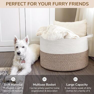 TIMEYARD XXL Large Laundry Basket, Storage Basket, Children's Room Storage Basket, Children's Laundry Basket, Large Christmas Tree Basket, Basket for Blankets, 55x35cm, White and Brown