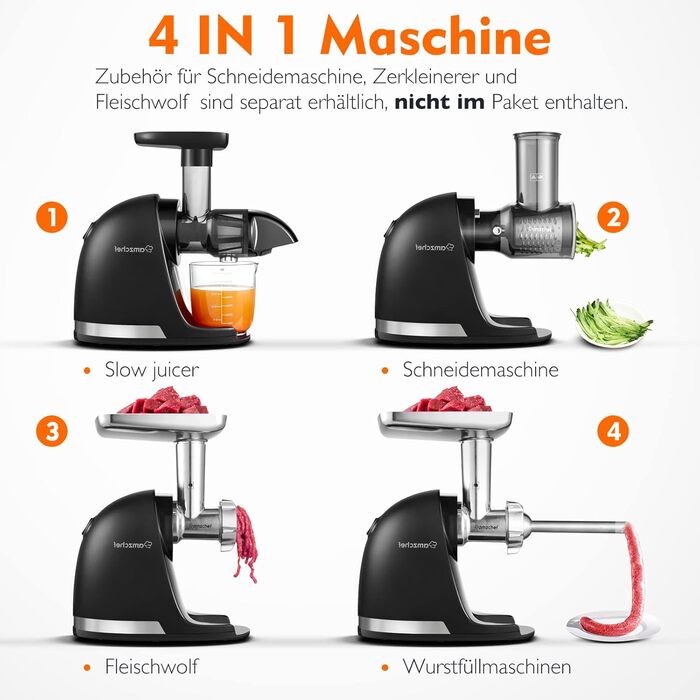 AMZCHEF Juicer for Vegetables and Fruits - Test Winner - Slow Juicer with Reverse-Masticating Function - Gentle Crushing Without Filtering - Electric Juice Press with Brush and 2 Cups - Matte Black