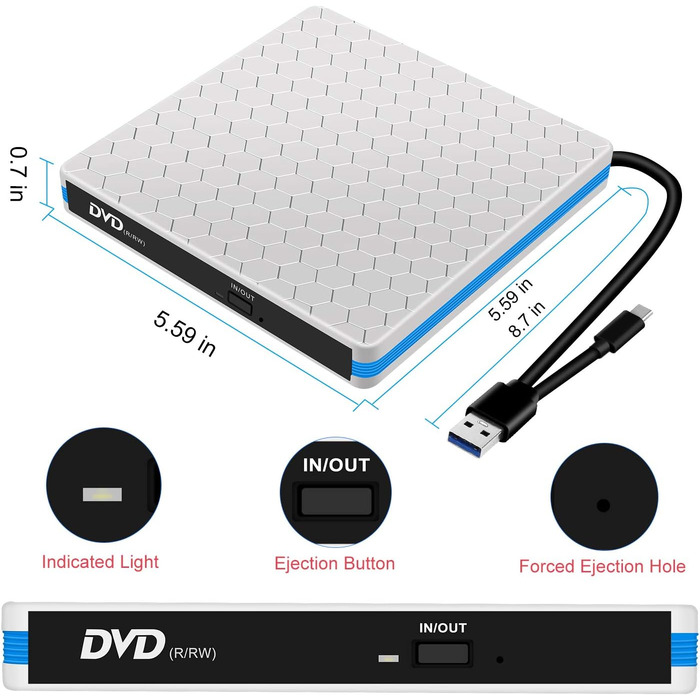 Зовнішній CD/DVD привід USB 3.0 та Type-C з картридером SD/TF, портативний RW-записувач для ноутбука, ПК, MacBook (Windows, macOS, Linux) — Білий