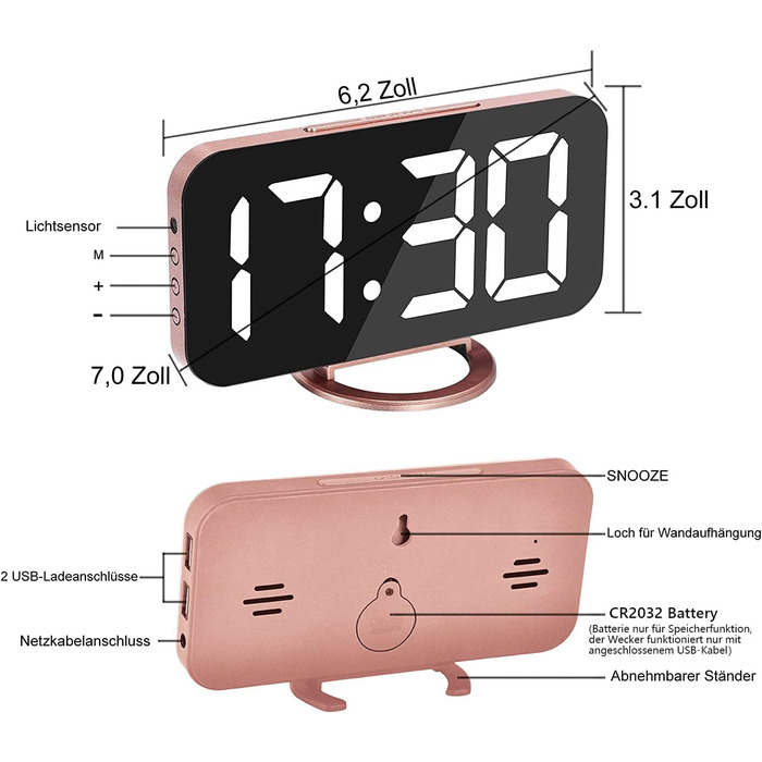 Цифровий годинник-дзеркало SZELAM з LED-дисплеєм 7 дюймів, 2 USB-порти для зарядки, функція відкладання, автоматичне регулювання яскравості, годинник для дому (рожеве золото)