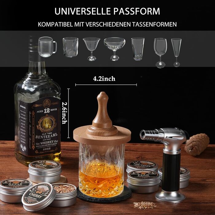 Набір для копчення віскі з факелом: 6 смаків, дерев'яні тріски, 2 склянки, 6 контейнерів для віскі, коктейльний набір для копчення, набір для копчення напоїв, подарунок на день народження для любителів бурбону (без бутану)