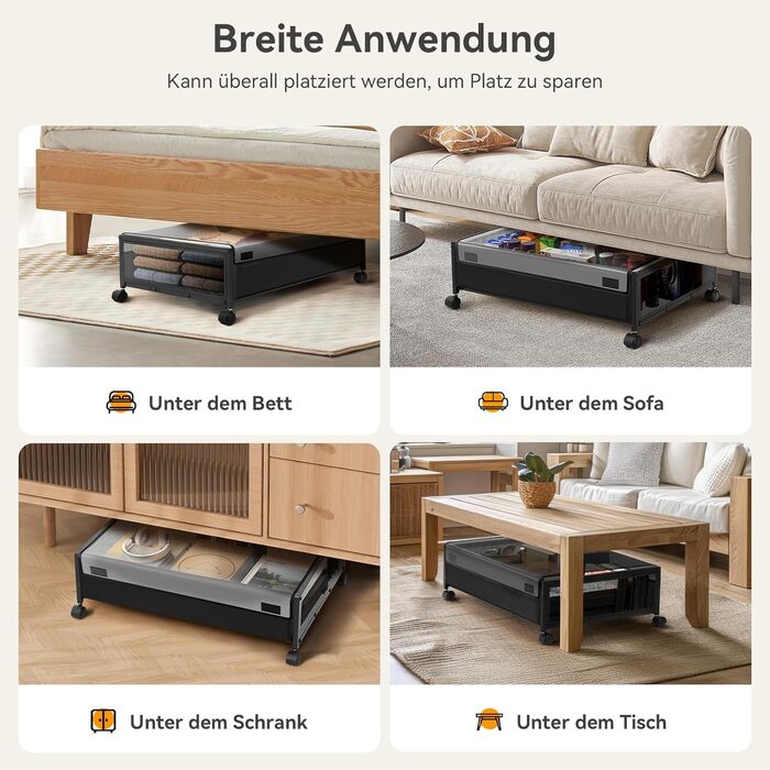 Підліжкова комода з колесами 2 шт., 48 л, ящик для зберігання під ліжком з кришкою та металевим каркасом, складана підліжкова коробка з колесами для одягу, постільної білизни, взуття, 48 л * 2, липучка