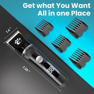 Професійний собачий триммер для собак та котів, бездротовий, 2 швидкості, LED-дисплей, IPX5, для собак та котів середніх та малих порід