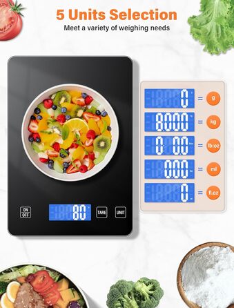 Кухонні ваги QEANY 15 кг з LCD дисплеєм, перезаряджувані, з функцією тарування, 5 одиниць вимірювання, батареї в комплекті