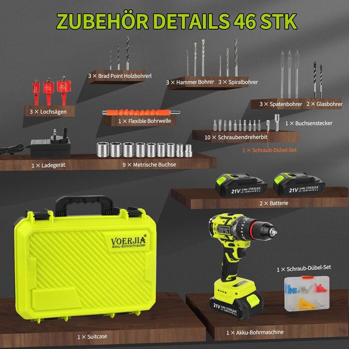 Акумуляторний шуруповерт 21V з набором 46 предметів: безщітковий дриль-шуруповерт, 2 акумулятори 2000 mAh, патрон 3/8', 20+3 ступені крутного моменту, до 65 Н.м, LED-ліхтар, 2 швидкості, аксесуари для електроінструментів