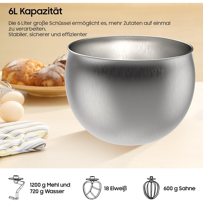 Кухонна машина з чашею 6л з нержавіючої сталі, міксер для тіста з Flexi-мішалкою, гаком для тіста та вінчиком, 6 швидкостей, 1500 Вт