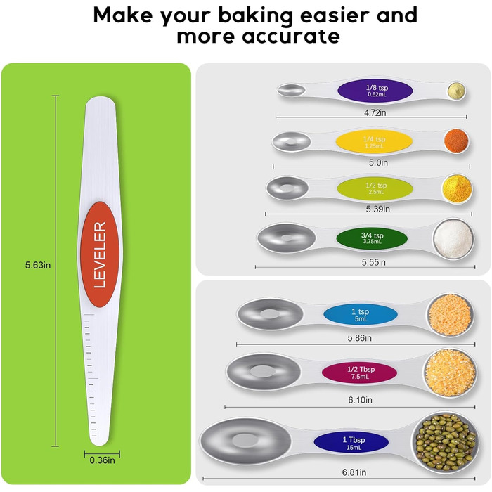 Набір магнітних мірних ложок, нержавіюча сталь, N52 магніти, 7 ложок з рівнем, для спецій, рідин, випічки та приготування їжі