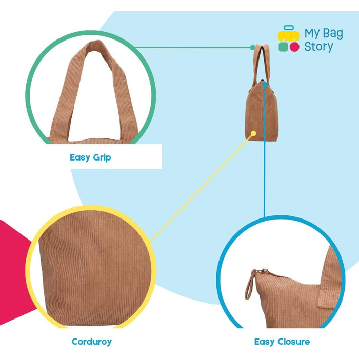 mybagstory - Corduroy Mickey Mouse Brown Tote Bag – Women – Teenager – Beach – Shopping – School – College – Size 48 cm – Suspenders, Brown Mickey Mouse, One Size