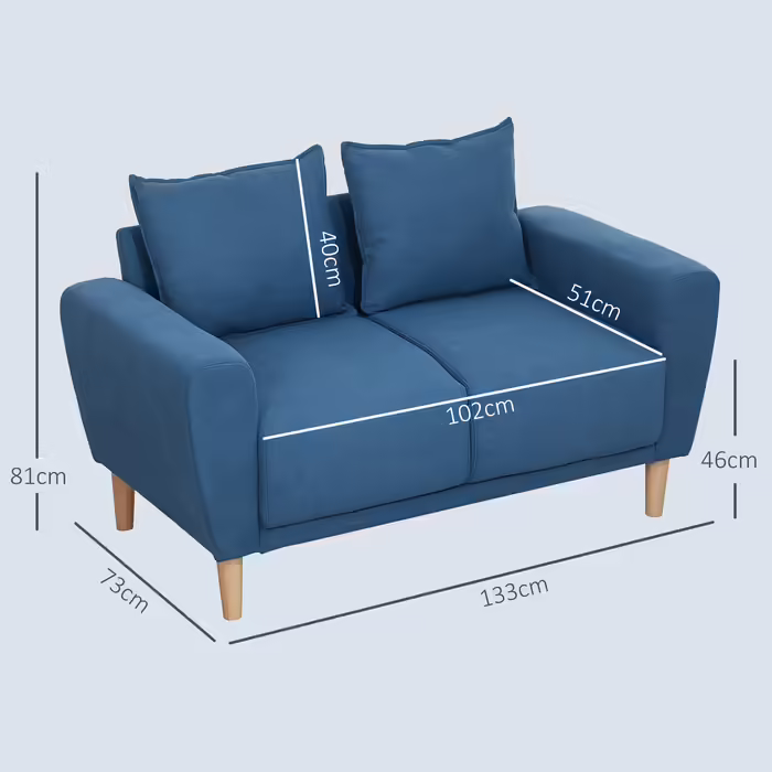 HOMCOM 2-Seater Sofa with 2 Cushions, Upholstered Sofa with 51cm Extra Deep Seats, Velvet Double Sofa, Small Sofa with Wooden Frame 2-Seater Couch for Living Room Bedroom Office, 133 x 73 x 81 cm, Blue | Aosom