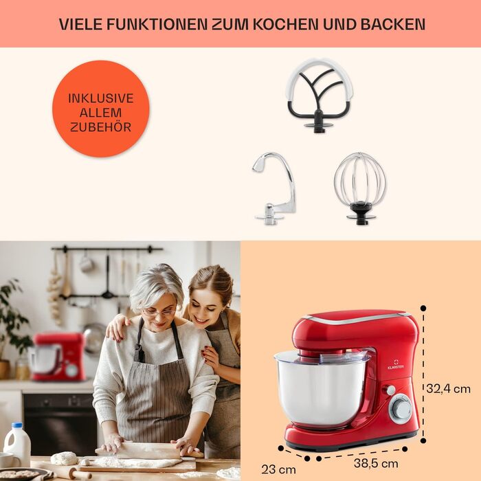 Klarstein Kitchen Machine - 1300W Stand Mixer with 6 Speeds, Dough Hook, Whisk & Beater, 5L Bowl, Planetary Mixer for Bread Dough - Red