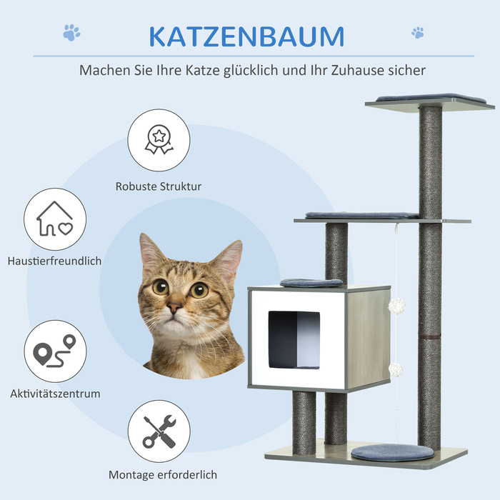 PawHut Комплекс для котів з когтеточкою, кігтешкребком, ігровим центром, з лежаком та м'якими подушками, обтягнутий сизалем, сірого кольору, розміром 71,5 x 49,5 x 120 см