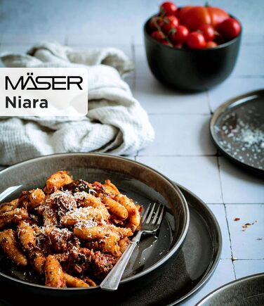 MÄSER 934021, Niara Series, Modern Plate Set for 6 People in Exciting Vintage Look, 12-Piece Ceramic Tableware Set in Grey and Black, Stoneware Plate Set 12-Piece Grey