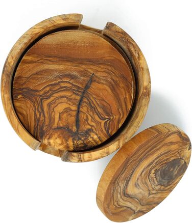 Set of 6 round beer coasters made of olive wood, 8.5 cm in diameter, including storage box. Suitable for glasses, mugs, cups, and vases.