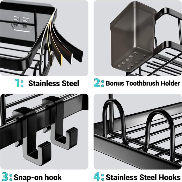 Поличка для душу без свердління, чорна, кутова, 2 шт. Трикутні кошики для душу, органайзер для ванної кімнати з 4 гачками, аксесуари для душу, тримач для шампуню в душ для ванної кімнати