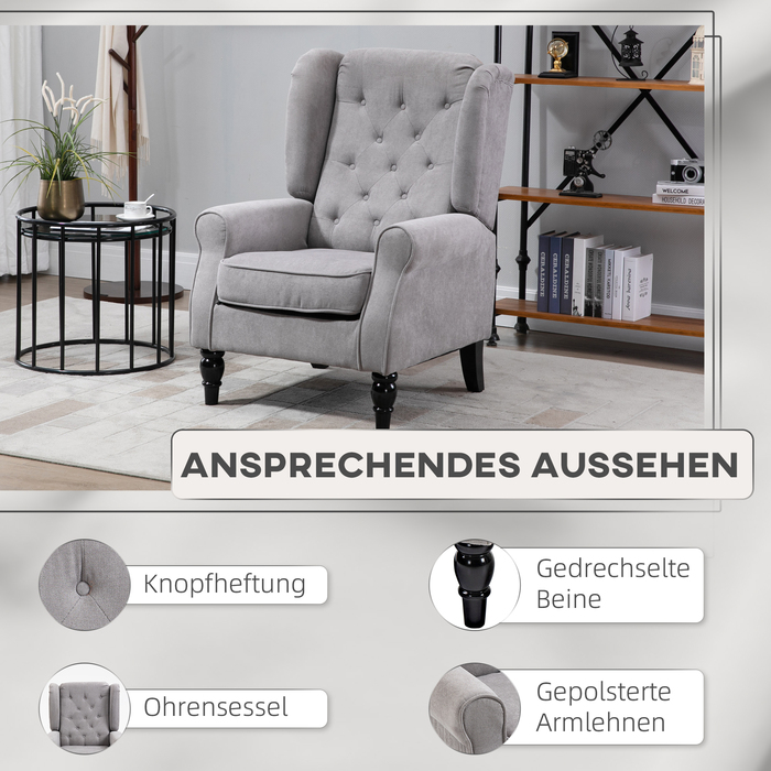 HOMCOM Armchair with High Backrest, Weight Capacity up to 160kg, Single Armchair for Living Room, Comfortable Wingback Chair, Grey