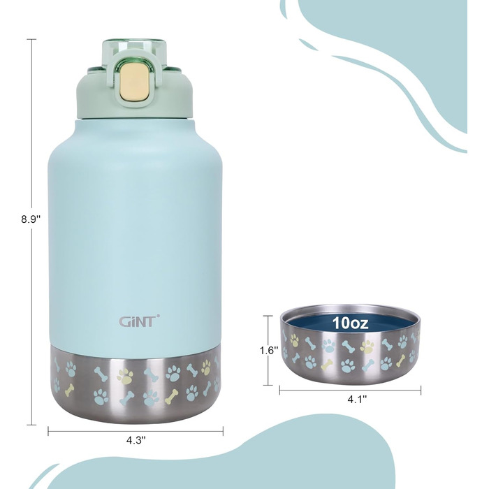 GiNT Термопляшка з нержавіючої сталі для собак та людей, 3-в-1, з мисками та сумкою, вилка-поїльник, для подорожей, прогулянок, кемпінгу, авто (Зелена)