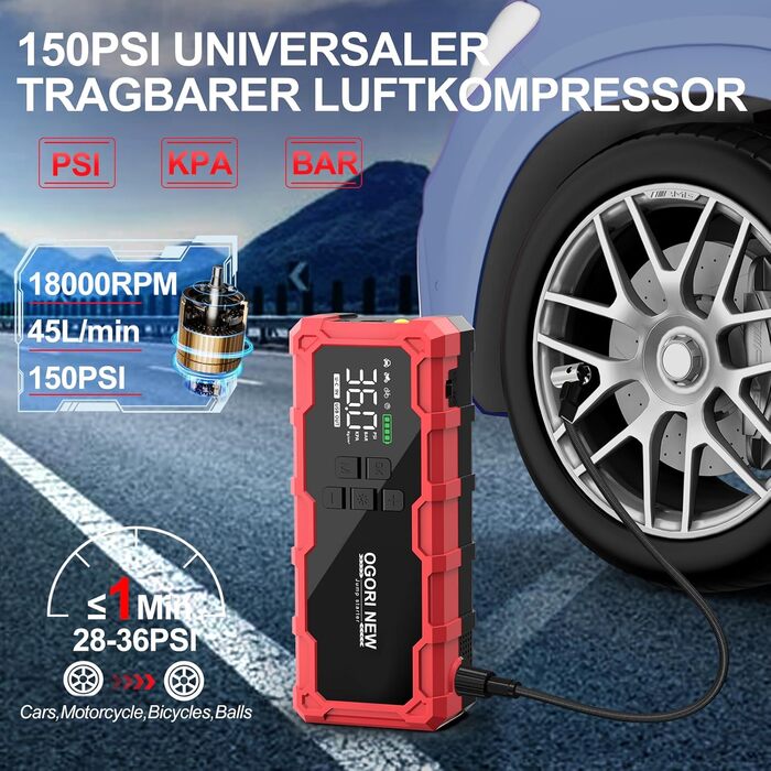 Powerbank Starthilfe з компресором 6000A, 12V, для бензинових (8L) та дизельних (10L) авто, з LED-ліхтариком