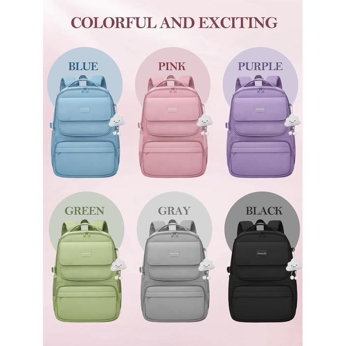 Шкільний рюкзак FIORETTO для дівчаток-підлітків, рюкзак для жінок з відділом для ноутбука 15,6', водонепроникний, легкий, 25L, для школи та подорожей, рожевий