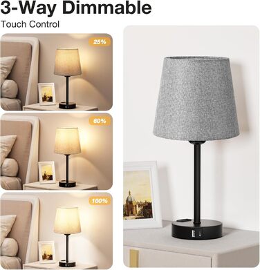 Настільна лампа Kakanuo з торшером, 2 шт., з USB-портами A+C, диммер, LED, для спальні, вітальні, дитячої кімнати, офісу (сірий/чорний)