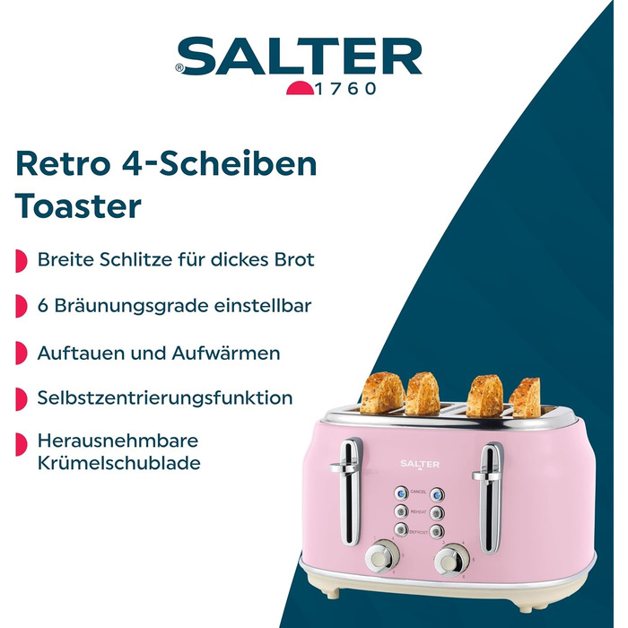 Тостер Salter Retro 4-х секційний, 1,7 л, 3 кВт, рожевий, з фільтром від накипу, бездротовий, з індикатором рівня води та процесу приготування
